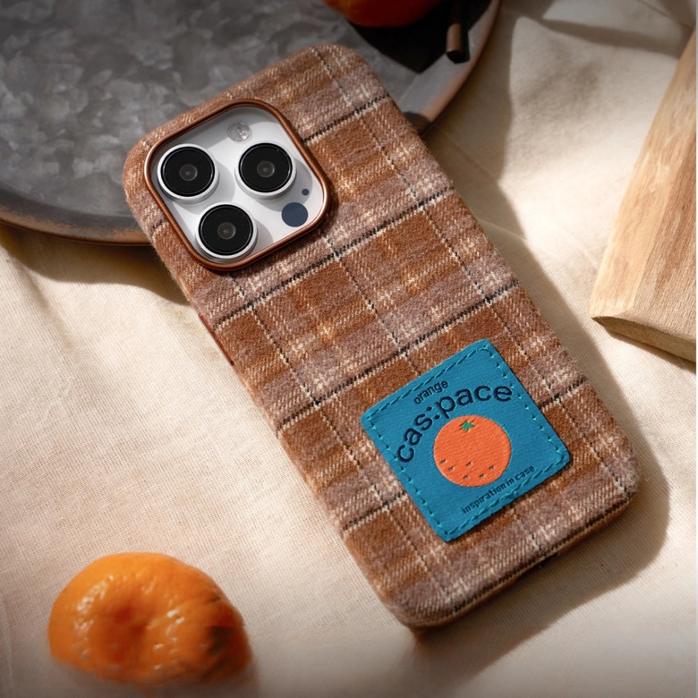 Brown plaid fabric phone case by TRLab Shop, featuring a stylish checked pattern and protective design for smartphones.