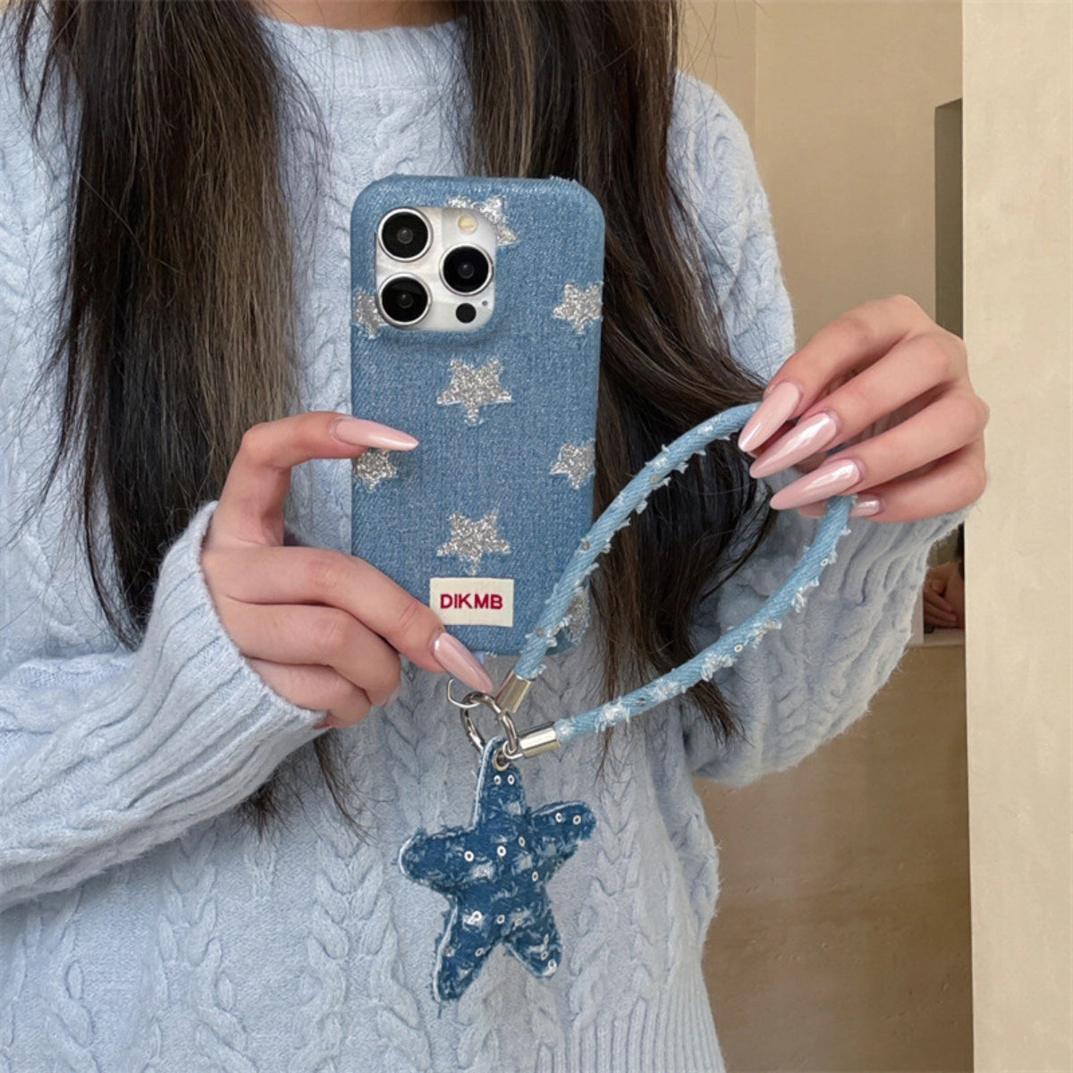 Shimmering Starlight denim phone case by TRLab Shop with glittery star design on durable denim material.