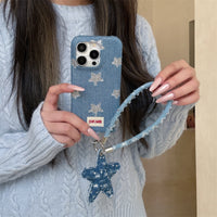 Shimmering Starlight denim phone case by TRLab Shop with glittery star design on durable denim material.