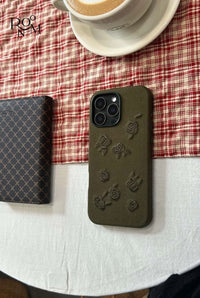 Green phone case with embroidered rose design, made by TRLab Shop, featuring detailed floral embroidery on durable material.
