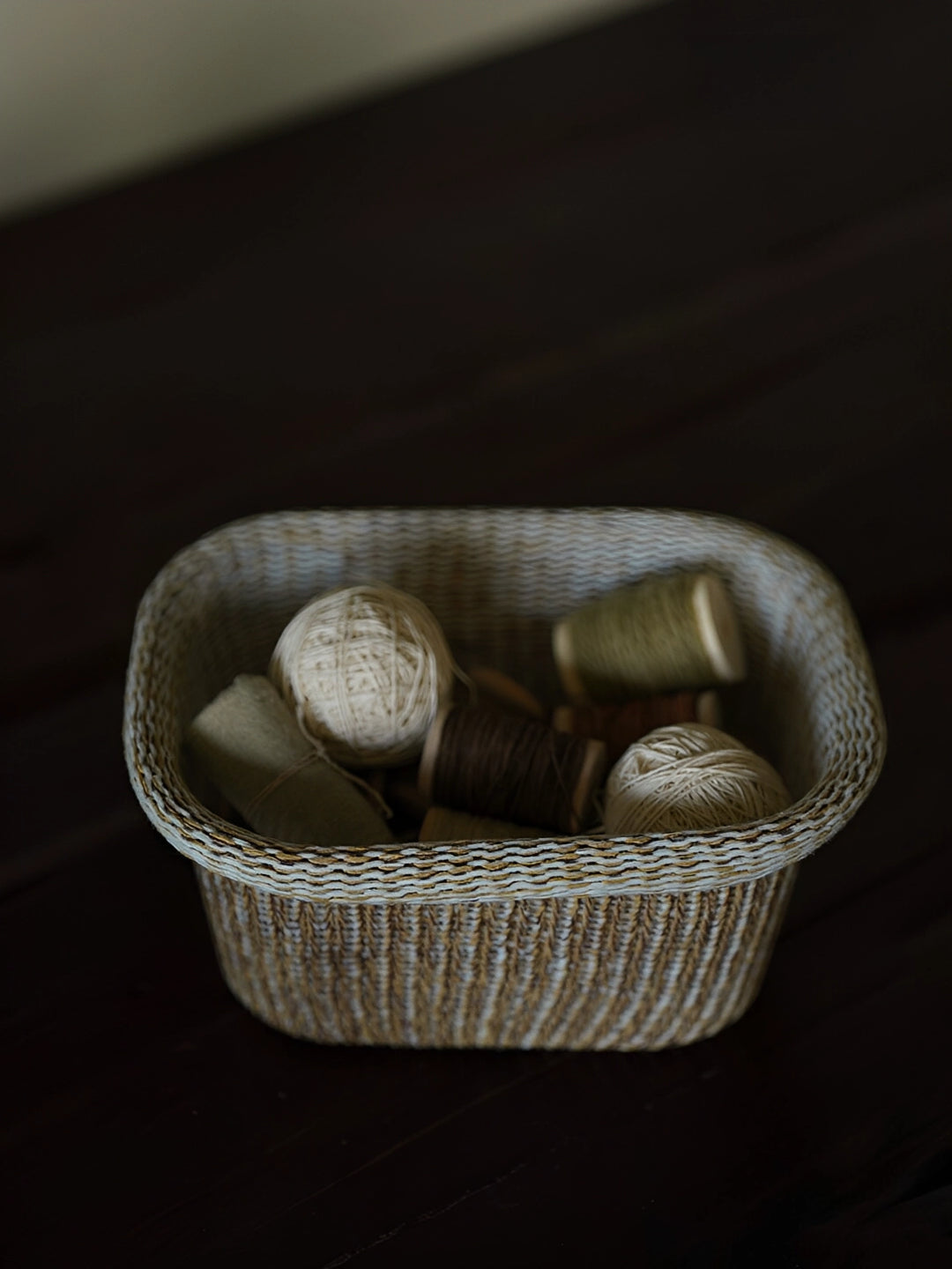 TRLab Shop yarn knitting basket holding colorful yarn skeins, ideal for knitting and craft supplies storage.