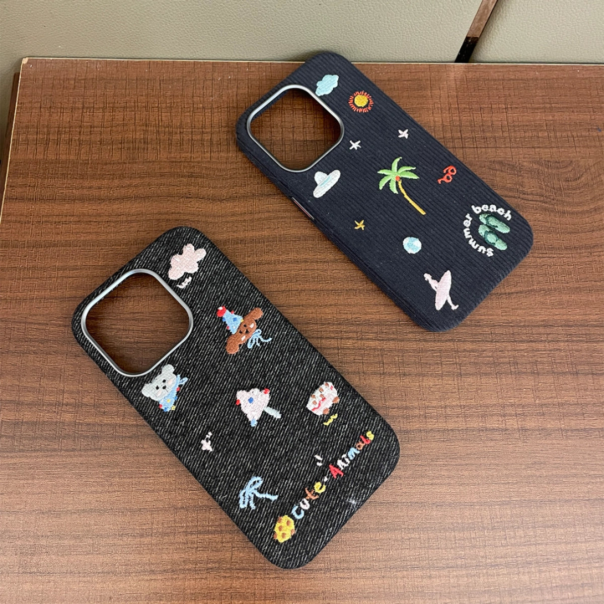 Embroidered beach phone case by TRLab Shop featuring colorful floral embroidery on a protective silicone cover.
