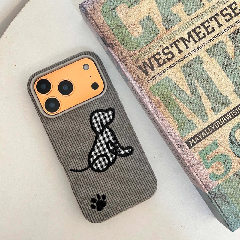 Plaid puppy embroidered phone case by TRLab Shop featuring a cute puppy design and colorful plaid pattern.