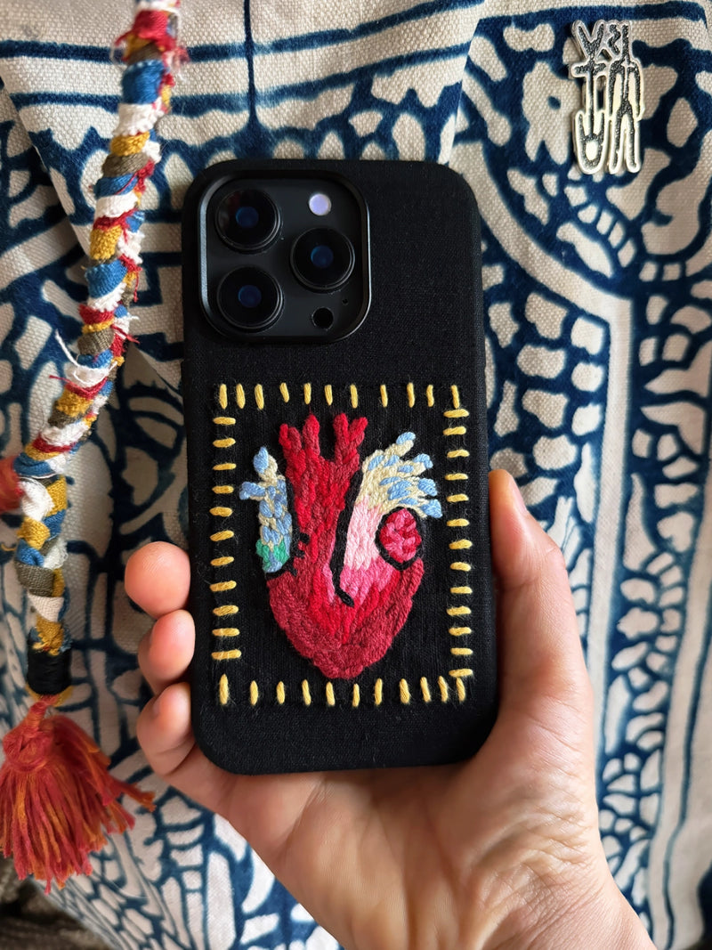 Embroidery heart design on TRLab Shop phone case with colorful floral embroidery, protective and stylish for smartphones.