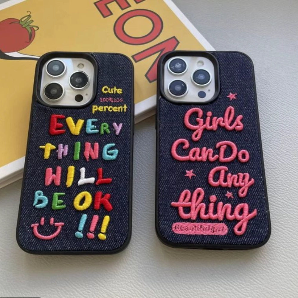 Colorful embroidered letters on a TRLab Shop phone case with a vibrant, playful design for smartphones.