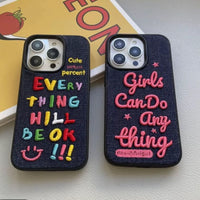 Colorful embroidered letters on a TRLab Shop phone case with a vibrant, playful design for smartphones.