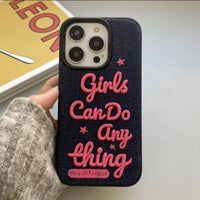 Pink embroidered phone case with letter design from TRLab Shop, featuring a soft fabric exterior and precise stitching.