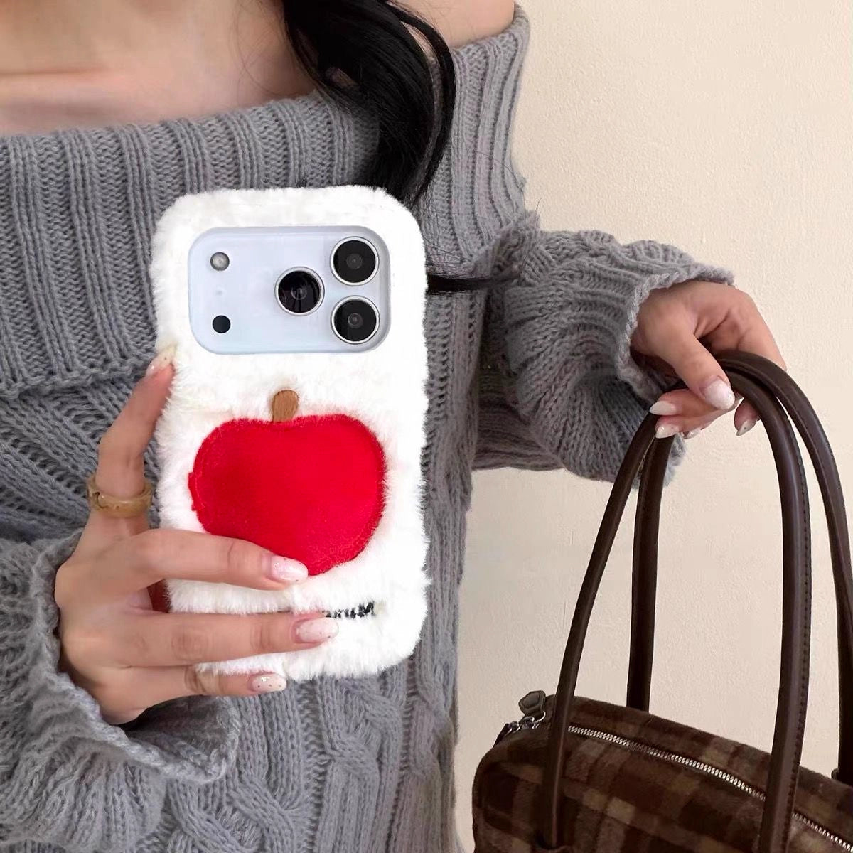 Soft plush embroidered apple phone case by TRLab Shop, featuring colorful apple design and snug fit for iPhone models.