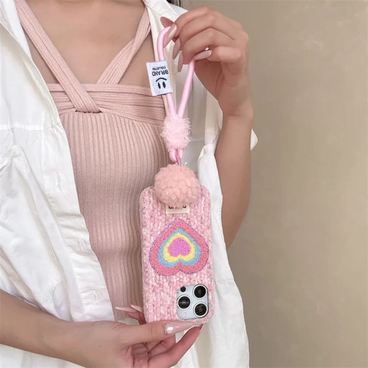 Pink Love Heart embroidered phone case with floral design, compatible with smartphones, by TRLab Shop.