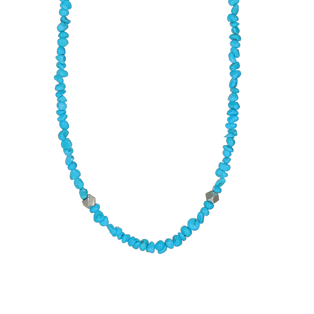 Irregular turquoise beaded necklace from TRLab Shop featuring uneven round beads on a delicate string.