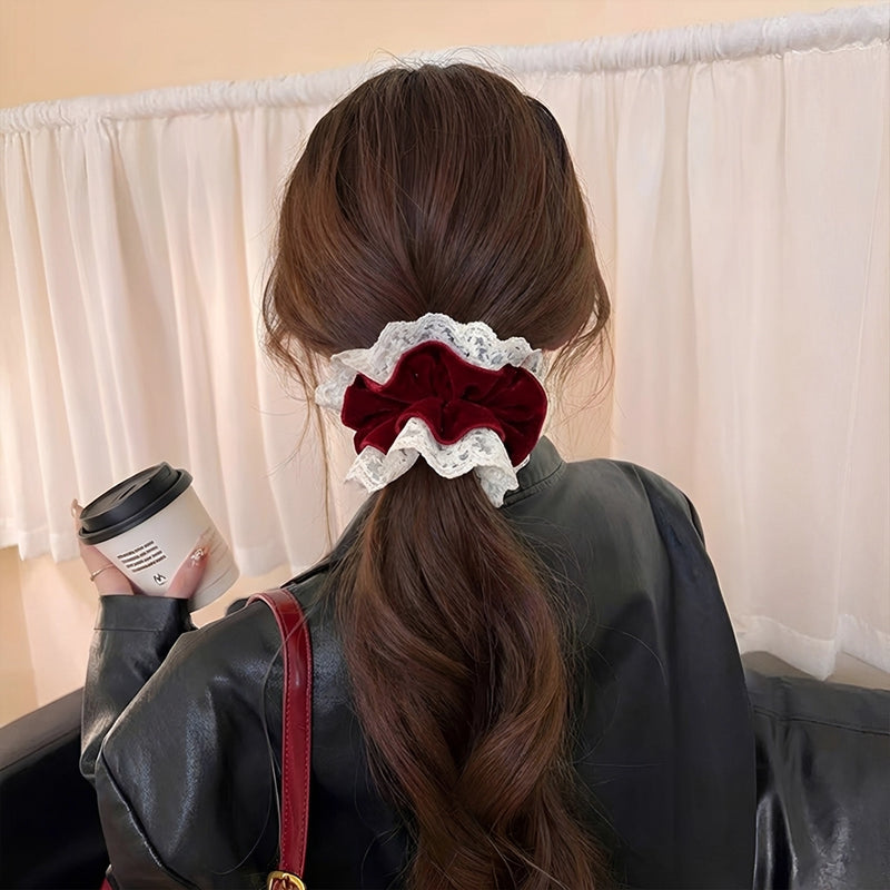 Lace-Adorned Velvet Wavy Hem Scrunchie - TRLab Shop