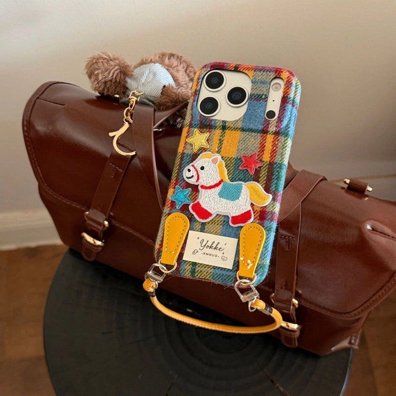 Plaid Pony embroidered phone case by TRLab Shop featuring a colorful plaid pattern and a cute pony embroidery design.
