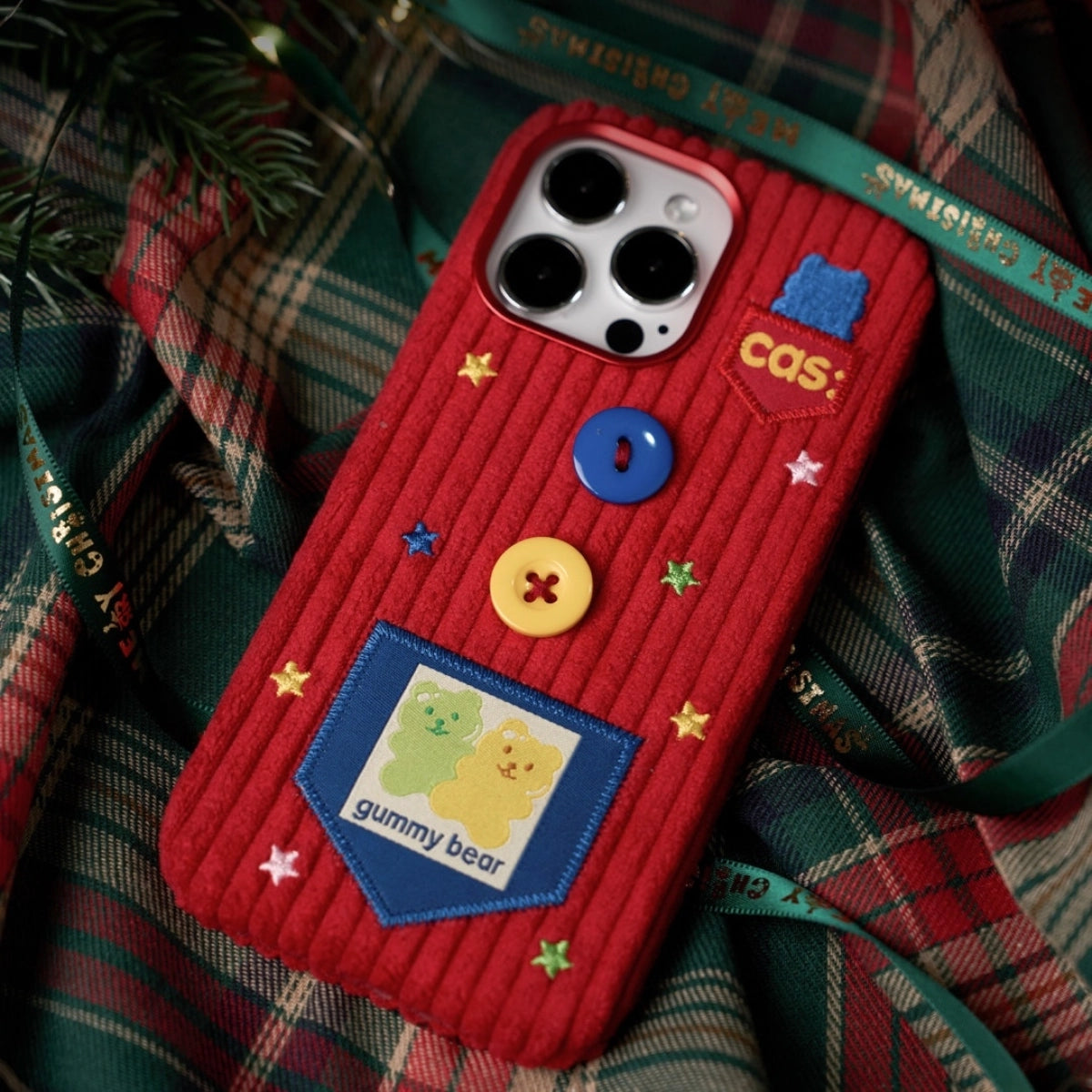 Red striped plush fabric phone case by TRLab Shop with soft, cozy material and snug fit for smartphones.