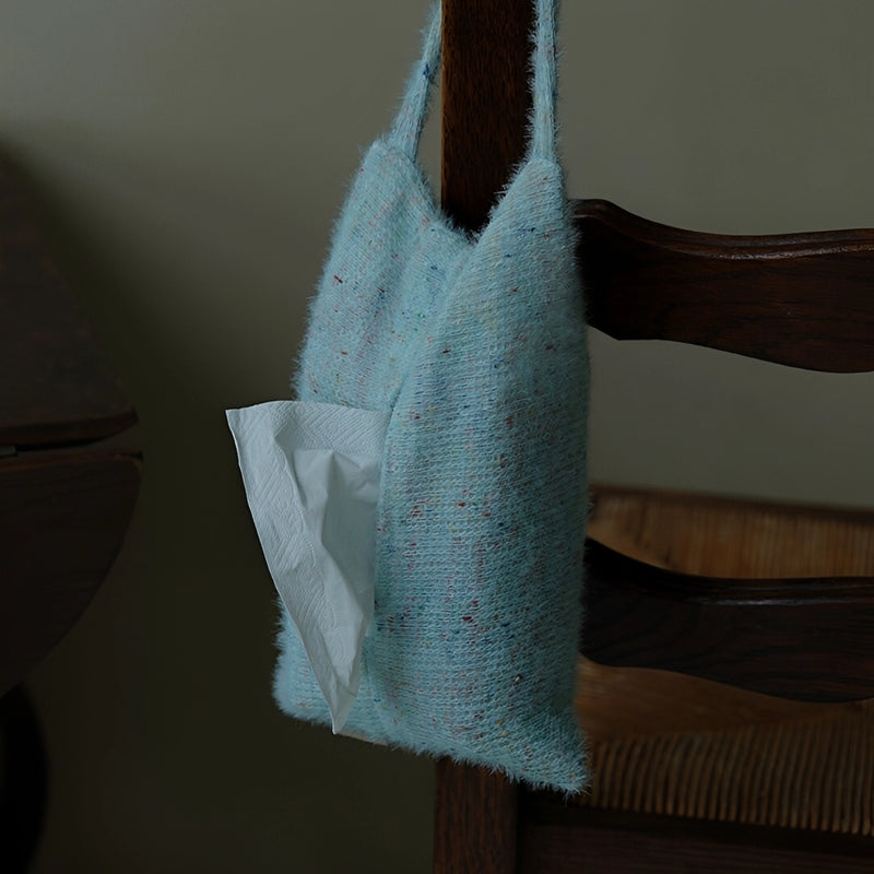 Knitted-handle tissue pack with soft tissues, featuring a cozy knitted handle for easy carrying and stylish storage.