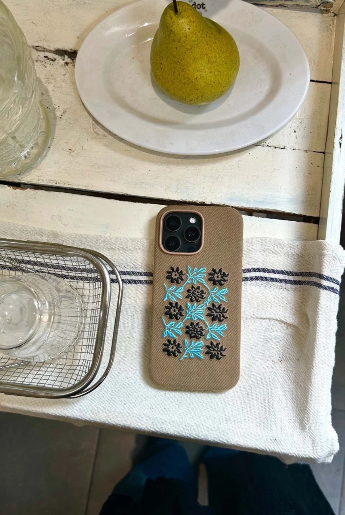 Vine and floral embroidered phone case by TRLab Shop, featuring colorful floral embroidery on a protective phone cover.