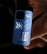 Blue shamanic embroidered phone case with intricate tribal designs for a protective, stylish accessory.