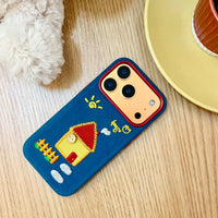 Embroidered house phone case with floral design from TRLab Shop, featuring intricate stitching and durable material.