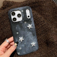 Starry Night denim phone case by TRLab Shop featuring a dark blue denim fabric with a starry night pattern and protective design.