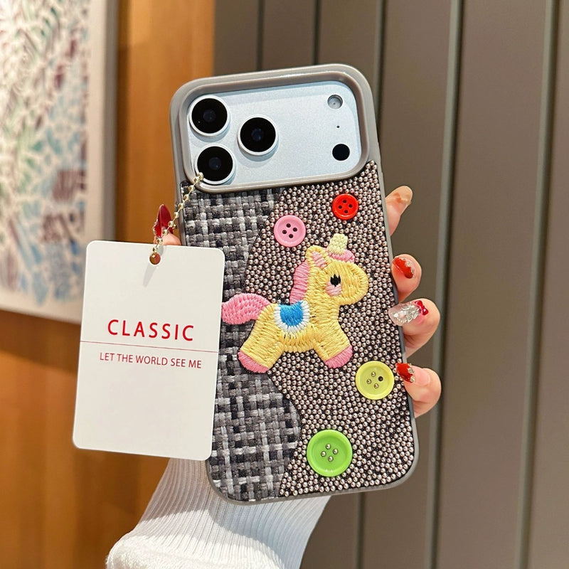 Beadworks embroidered unicorn phone case by TRLab Shop featuring colorful bead and embroidery details on a protective cover.