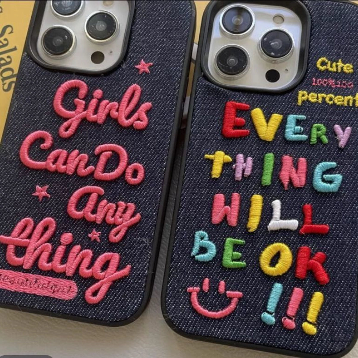 Pink embroidered phone case with colorful letter design, compatible with various smartphones, by TRLab Shop.