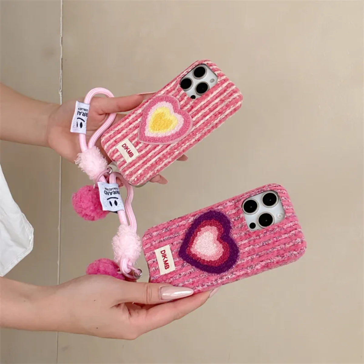 Pink Love Heart embroidered phone case with floral design, compatible with smartphones, featuring detailed embroidery and a soft, protective cover.