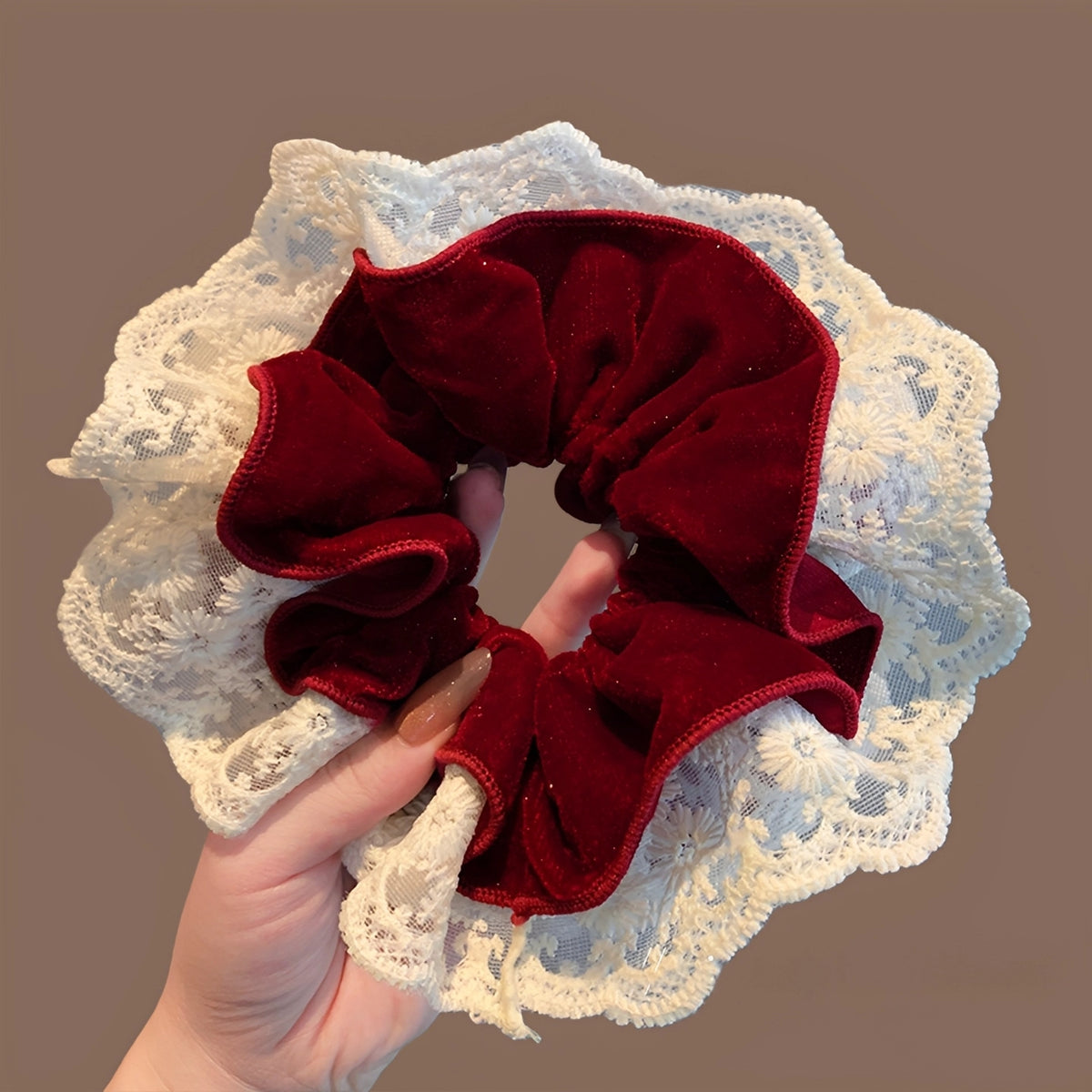 Lace-Adorned Velvet Wavy Hem Scrunchie - TRLab Shop