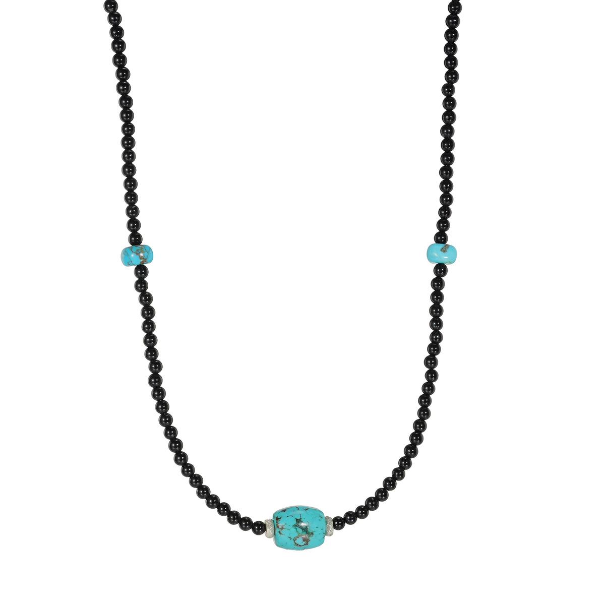 Ethnic-style black onyx and turquoise beaded necklace with intricate beadwork, featuring a traditional design and vibrant colors.