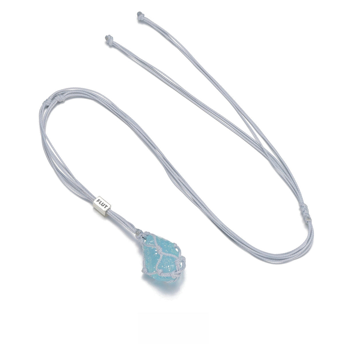 Aquamarine hand-woven cord necklace featuring a vibrant aquamarine pendant on a natural fiber cord.