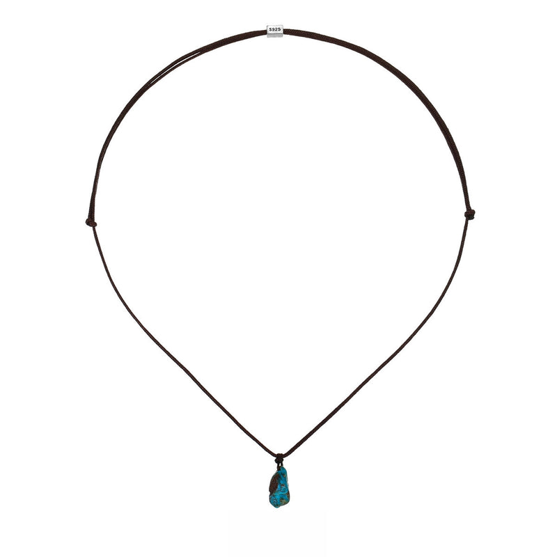 Turquoise hand-woven cord necklace with braided design, crafted by TRLab Shop, displayed on a neutral background.
