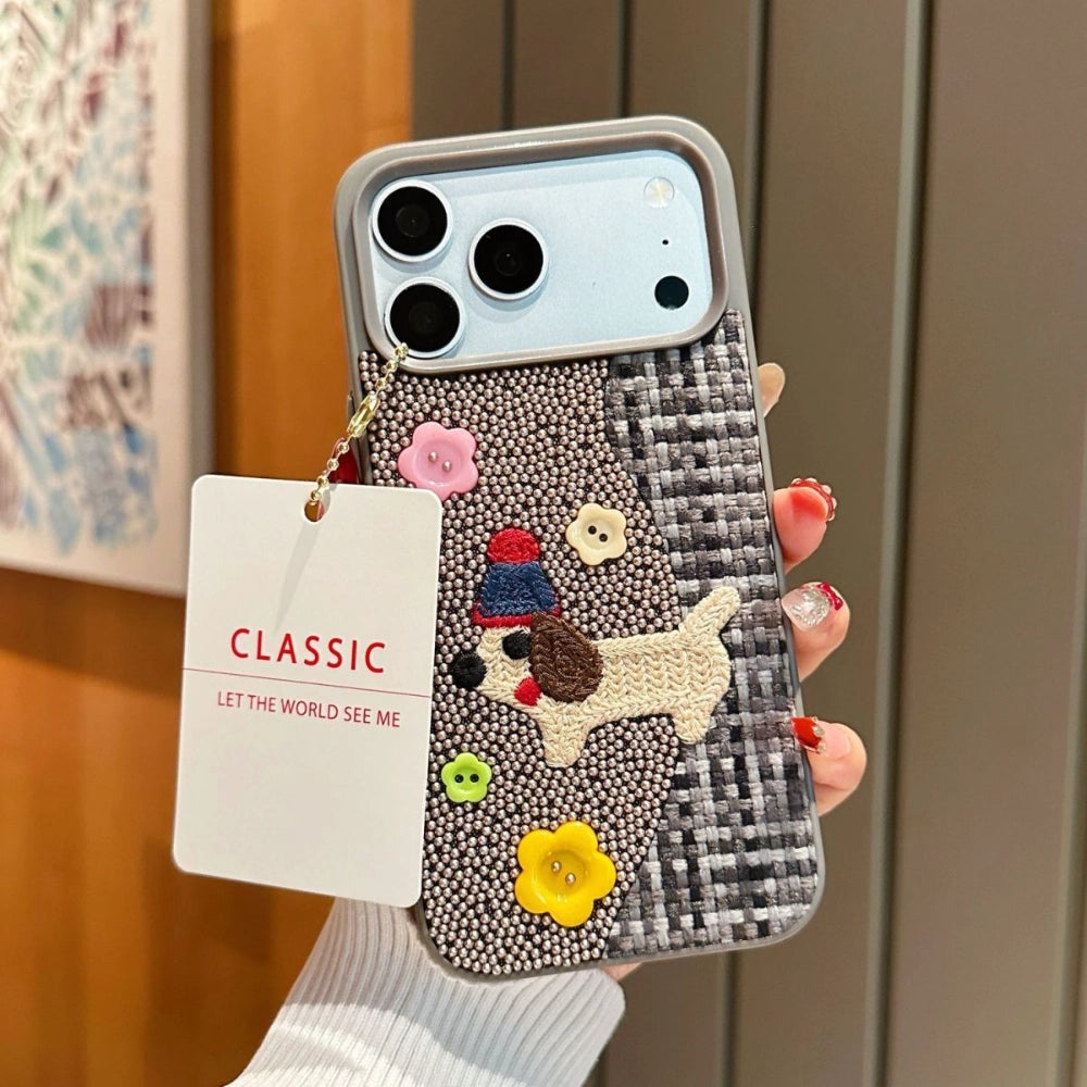 Embroidered puppy design on Beadworks phone case by TRLab Shop, featuring detailed beadwork and vibrant colors.