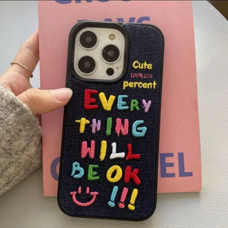 Colorful embroidered letters on a phone case by TRLab Shop, showcasing vibrant, textured design and protective material.