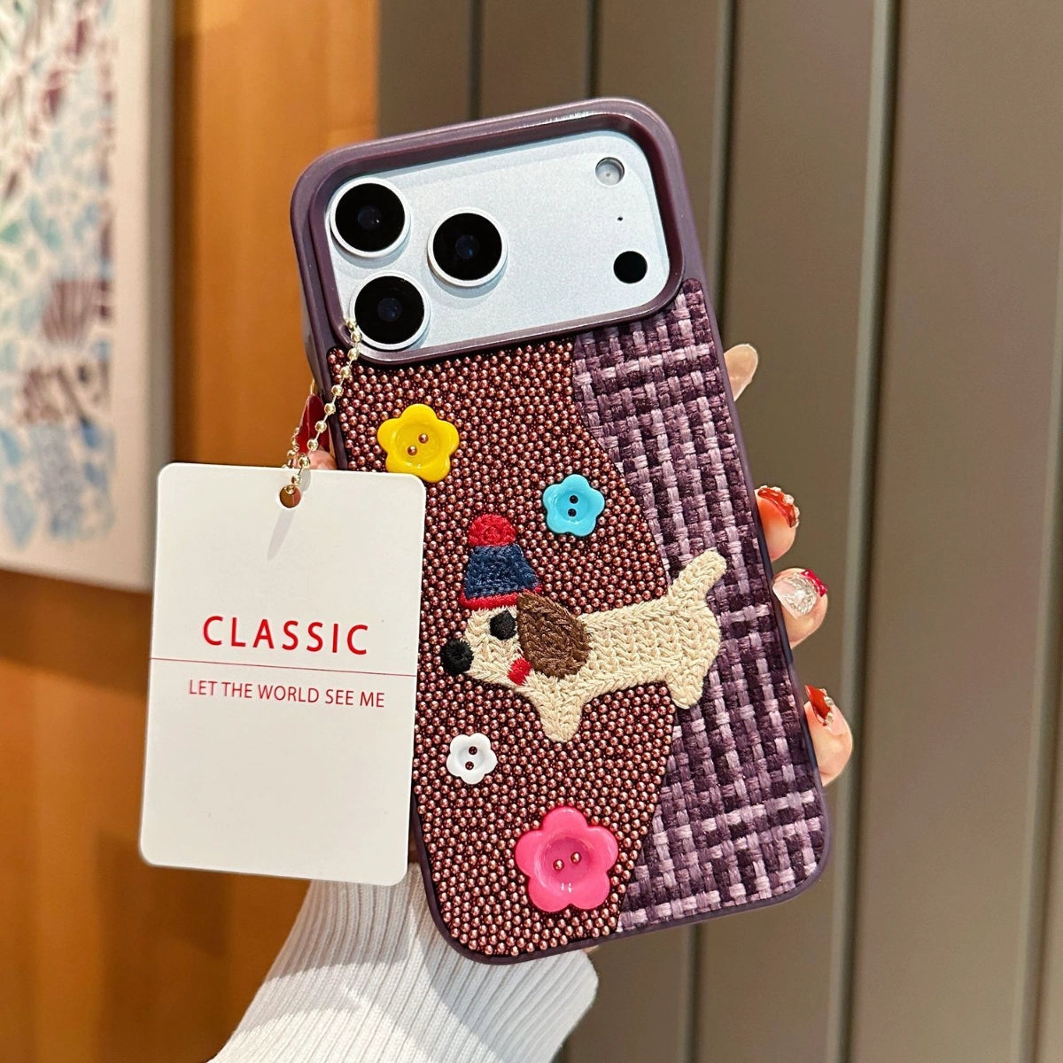 Tweed plaid embroidered puppy phone case by TRLab Shop featuring a cute puppy design on a stylish fabric background.