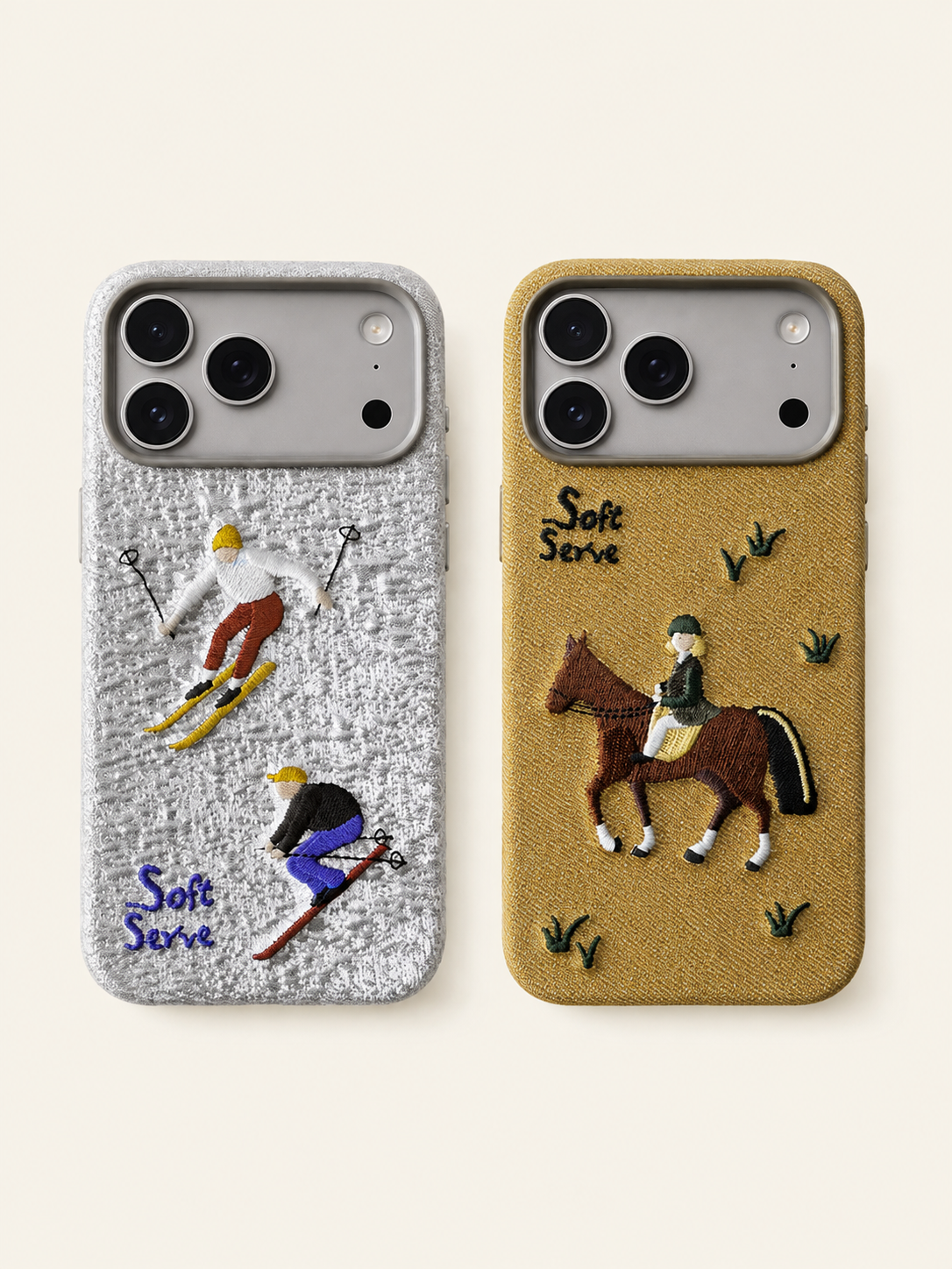 SoftServe skiing and walking puppy embroidered phone case showing detailed puppy design on durable phone cover