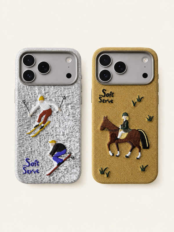 Étui de téléphone MagSafe en tissu brodé avec motif ski, promenade de chien et équitation