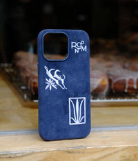 Blue shamanic embroidered phone case with intricate tribal designs, compatible with smartphones, by TRLab Shop.