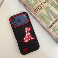 Plaid puppy embroidered phone case by TRLab Shop, featuring a cute puppy design on a plaid fabric background.