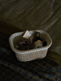 TRLab Shop yarn knitting basket holding colorful balls of yarn, ideal for organizing knitting supplies and craft materials.