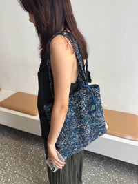 Sapphire blue Hour tote bag and phone pouch by TRLab Shop displayed on a flat surface with a minimalist background.