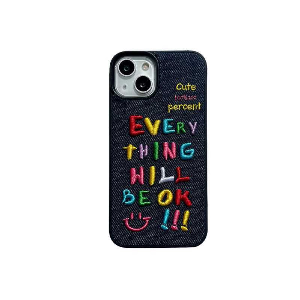 Colorful embroidered letters on a TRLab Shop phone case, showcasing vibrant, detailed embroidery design for a stylish look.
