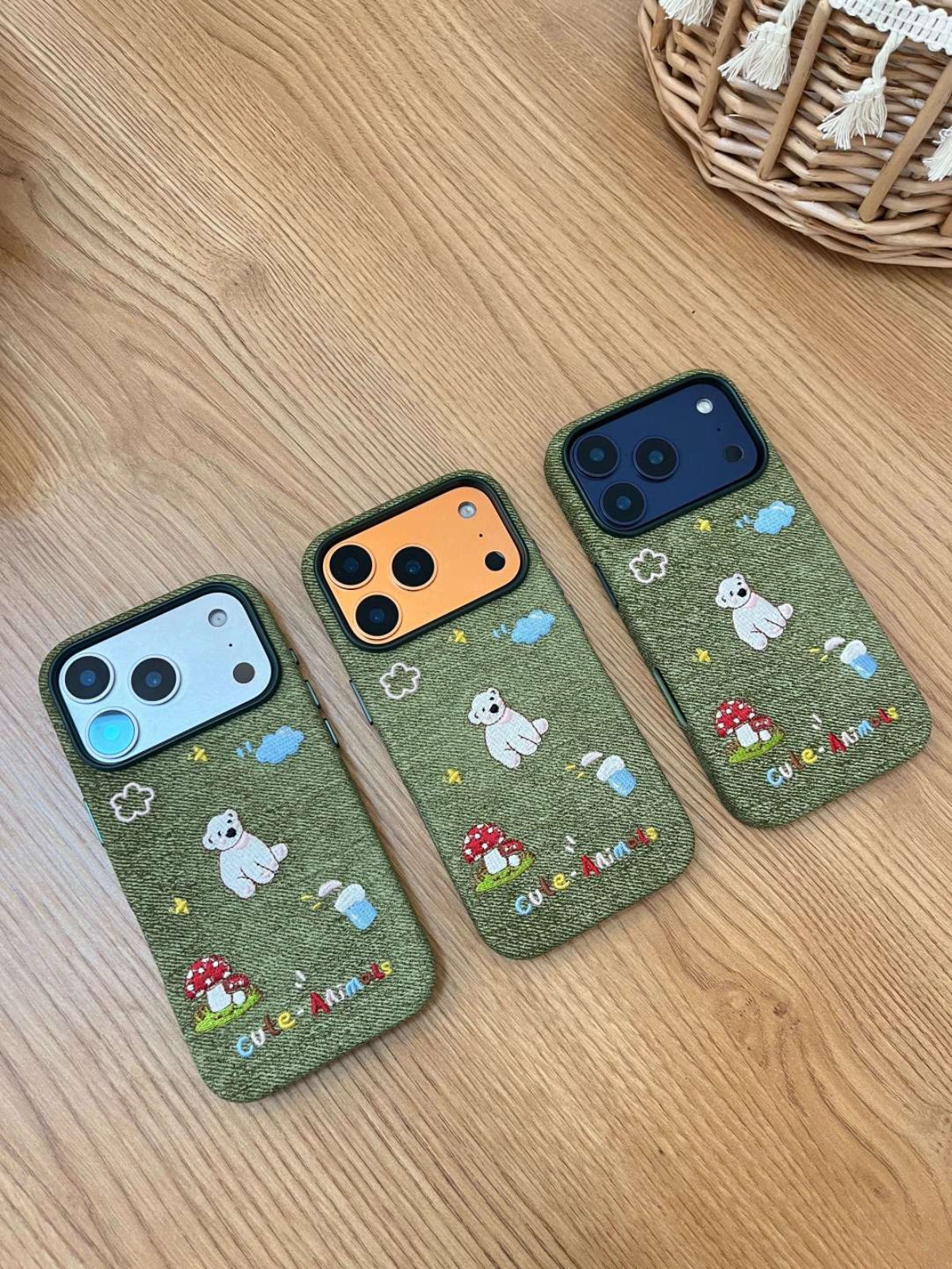 White bear embroidered phone case by TRLab Shop, featuring detailed bear design on durable protective cover.