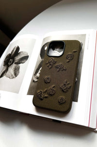 Green phone case with embroidered rose design, compatible with smartphones, by TRLab Shop.