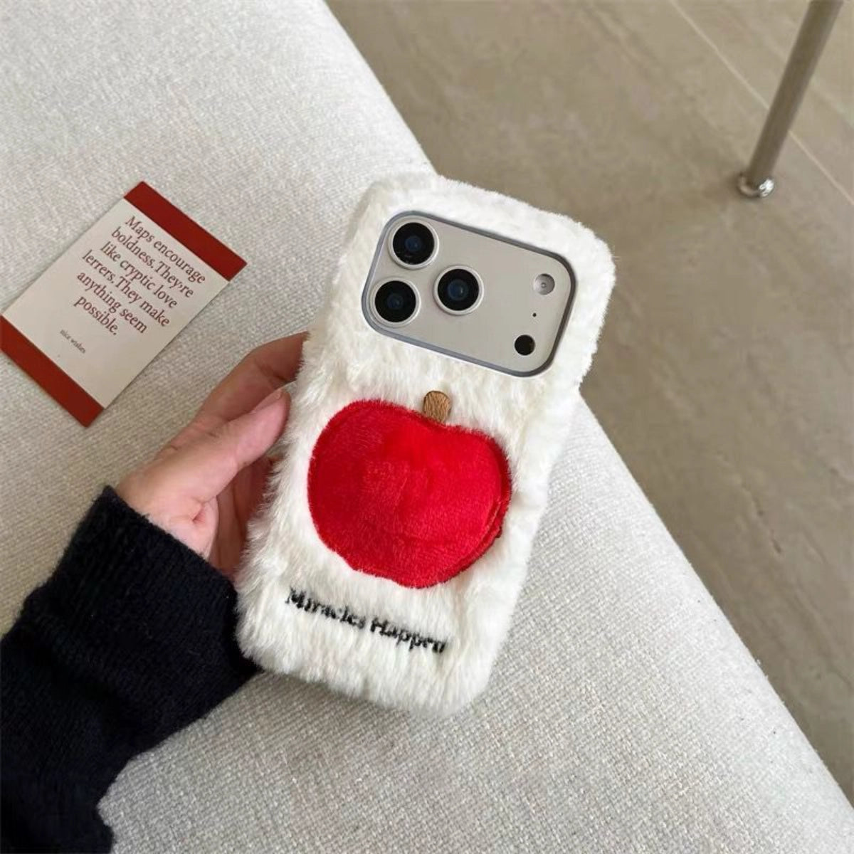 Soft plush embroidered Apple phone case by TRLab Shop featuring a detailed apple design and snug fit for iPhone models.