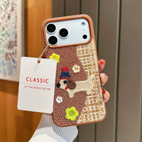 Tweed plaid embroidered puppy phone case with floral design, compatible with smartphones, by TRLab Shop.