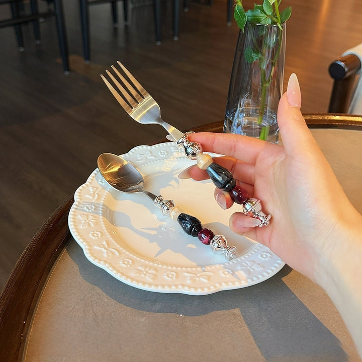 Midnight Sesame & Black Cherry Beads Stainless Steel Spoon & Fork