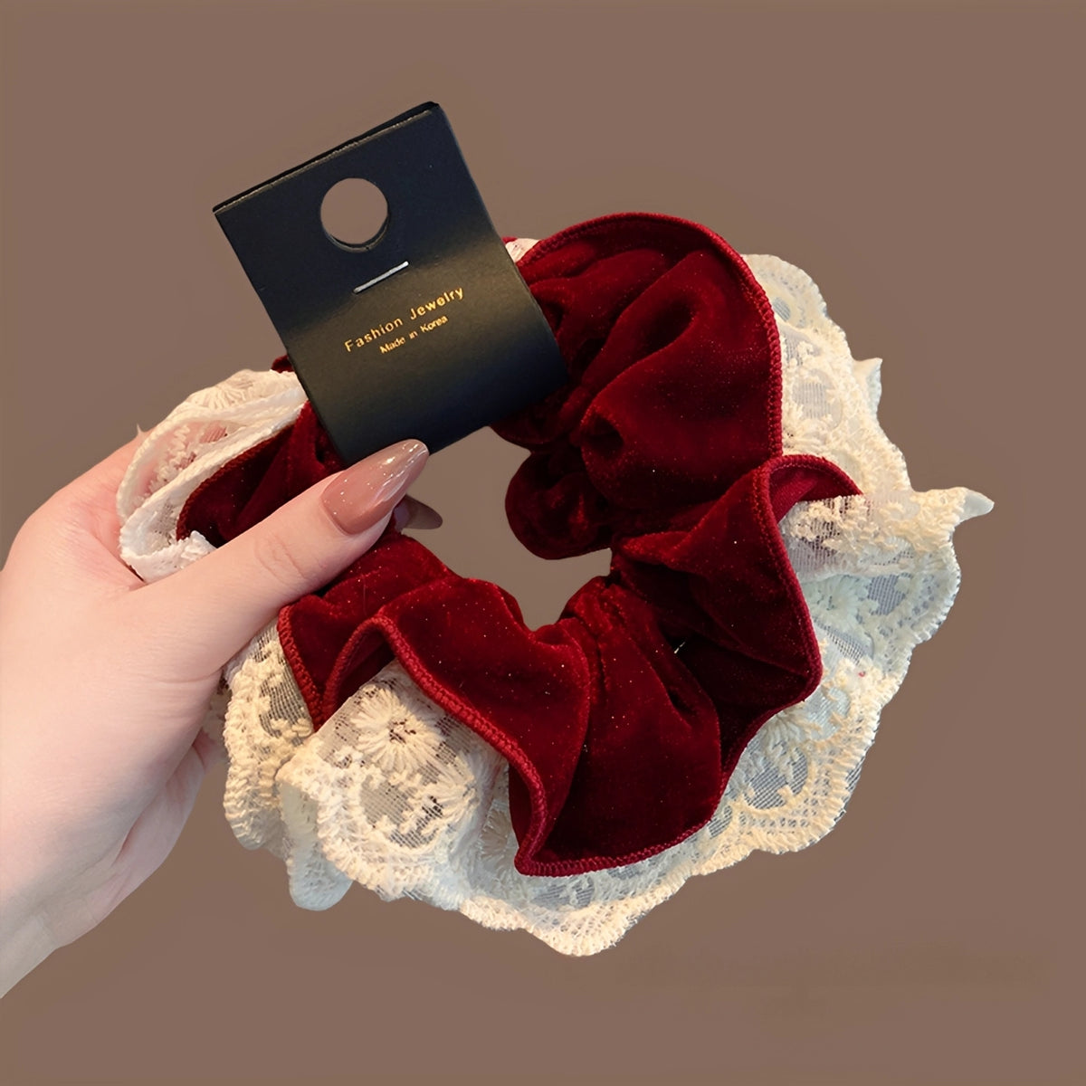 Lace-Adorned Velvet Wavy Hem Scrunchie - TRLab Shop
