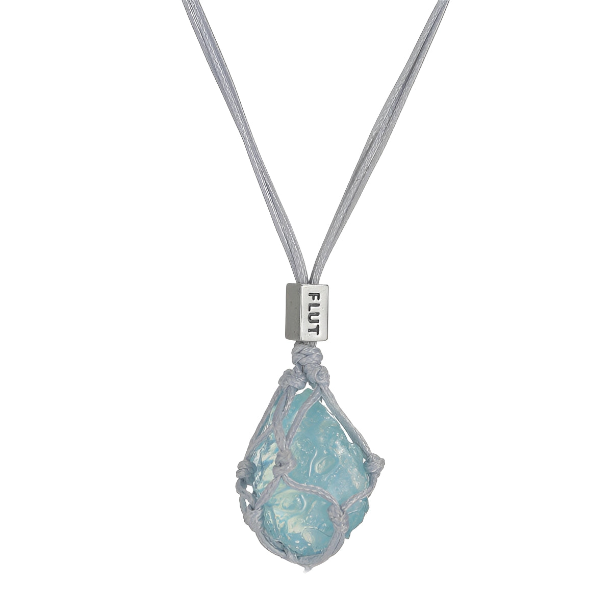 Aquamarine hand-woven cord necklace featuring a vibrant aquamarine gemstone pendant and intricate cord details.