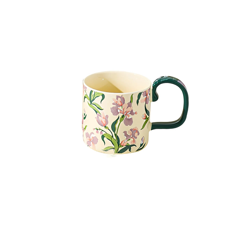 French-Style Camellia ceramic mug with floral design from TRLab Shop, showcasing a white mug with detailed camellia flower artwork.