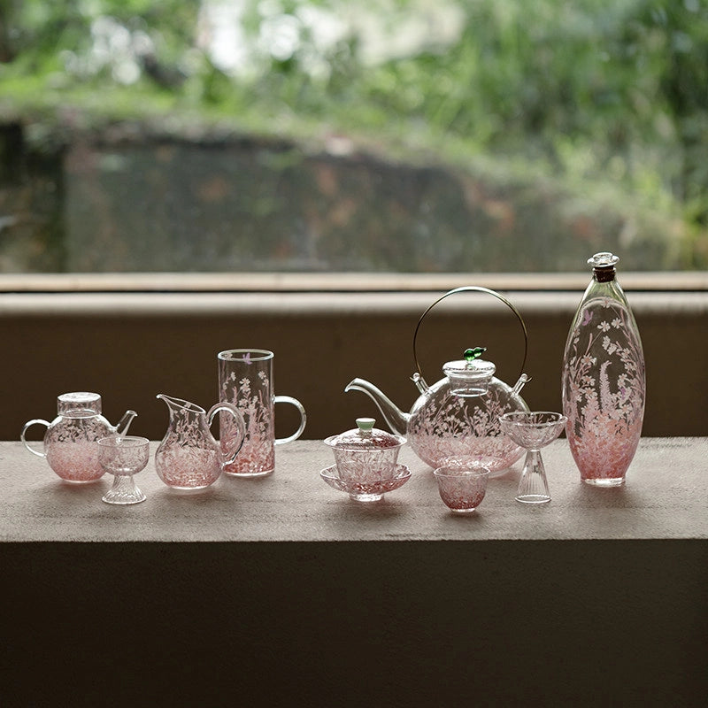 Pink Sakura Blossom glassware by TRLab Shop featuring delicate sakura flower design on clear glass for elegant drinking.