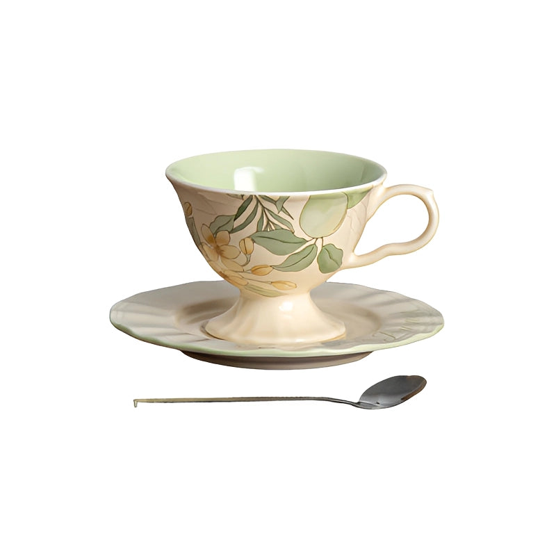 Floral and Fruit Ceramic Coffee Cup & Saucer Set