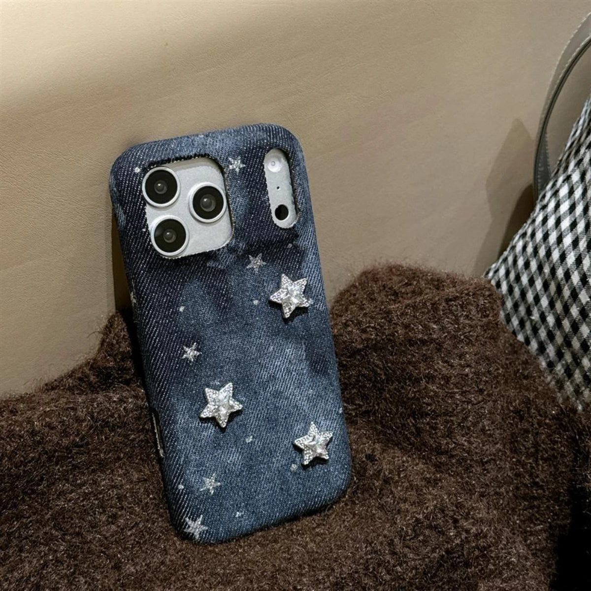 TRLab Shop Starry Night denim phone case with celestial star pattern, fits smartphones with durable fabric and stylish design.
